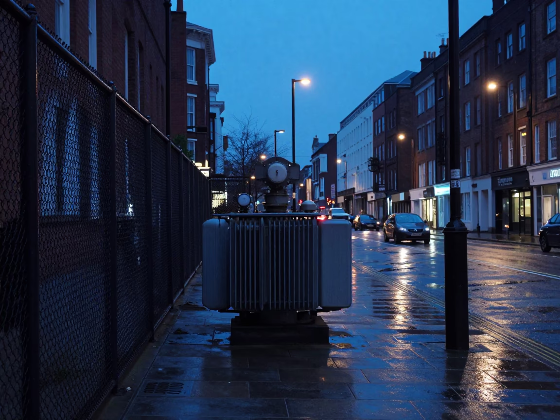 Pre-dawn Liverpool street scene with wet pavement and urban infrastructure in in Liverpool, United Kingdom