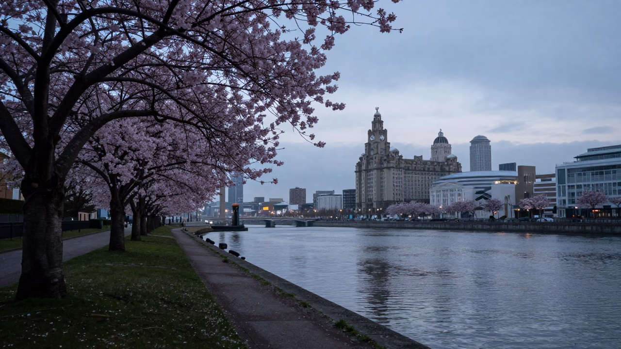 Pre-dawn Liverpool waterfront scene with canal-side cherry trees and historic brick architecture in in Liverpool, United Kingdom