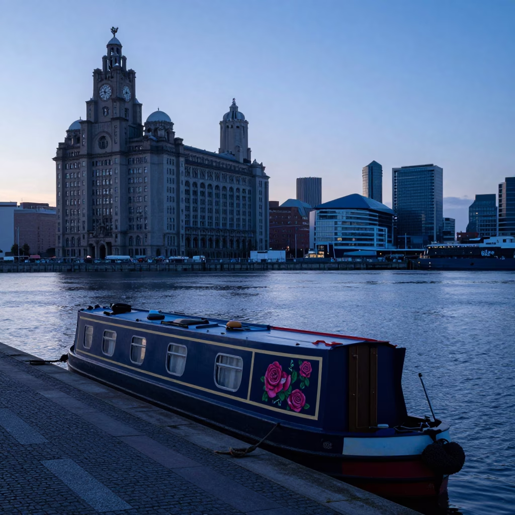 Pre-dawn Liverpool waterfront scene with narrowboat and industrial harbor reflections in in Liverpool, United Kingdom