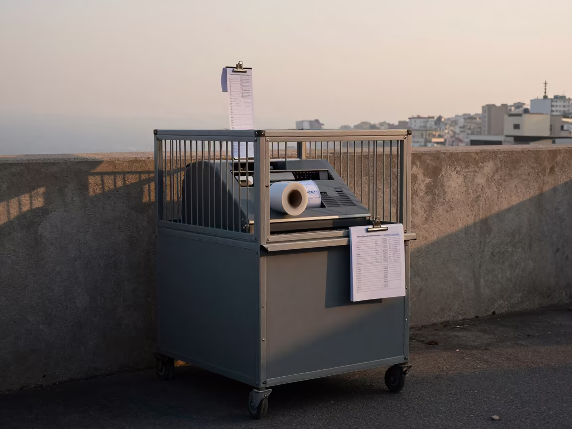 Pre-dawn logistics station with printer and supplies in inside a dispatch office above the dock in Mar Mikhael, Beirut