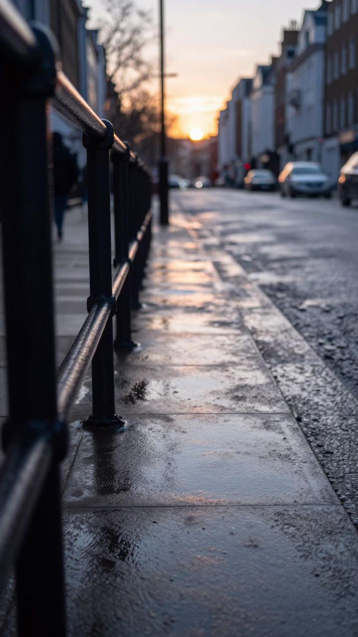 Pre-Dawn London Street Scene with Fingerprinted Rail and Sun Stripe in in London, United Kingdom