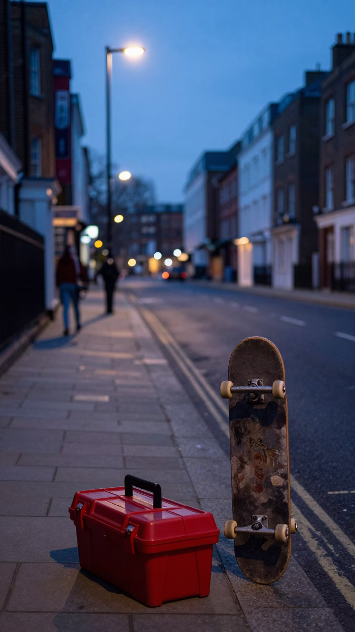 Pre-dawn London street scene with toolbox and skateboard near brick wall in in London, United Kingdom