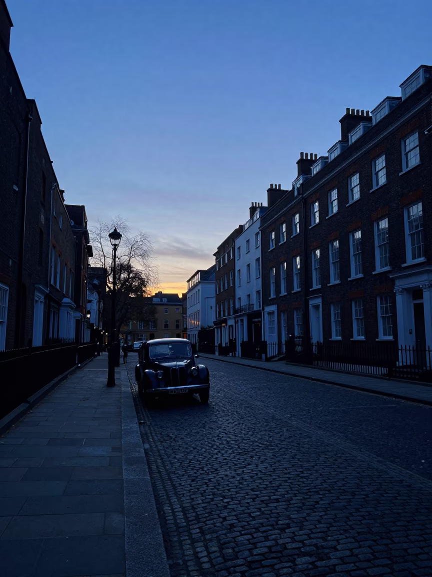 Pre-Dawn London Street Scene with Vintage Car and Cobblestones in in London, United Kingdom