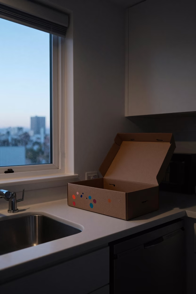 Pre-Dawn Los Angeles Kitchen Counter with Shoebox and Paint Flecks Before Sunrise in in Los Angeles, California, United States
