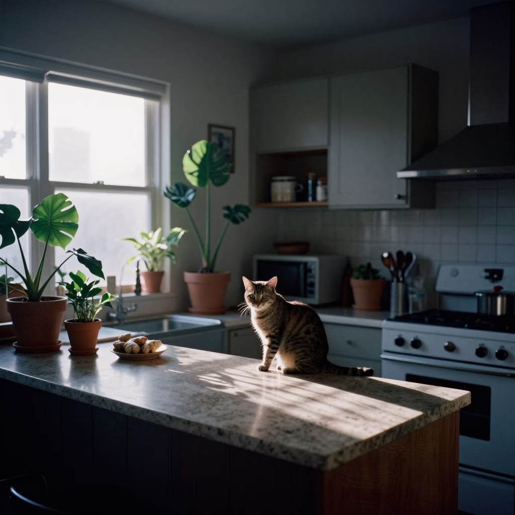 Pre-dawn Los Angeles Kitchen Interior with Houseplants and Ginger Cat in in Los Angeles, California, United States