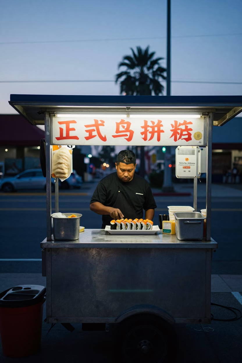 Pre-dawn Los Angeles Street Food Vendor with Sushi Plate and Match Striker in in Los Angeles, California, United States