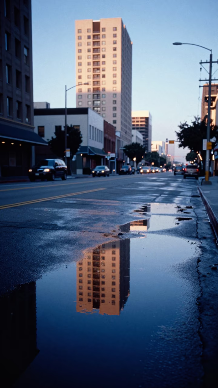 Pre-dawn Los Angeles Street Reflections in Wet Asphalt Near Downtown Hotels in in Los Angeles, California, United States