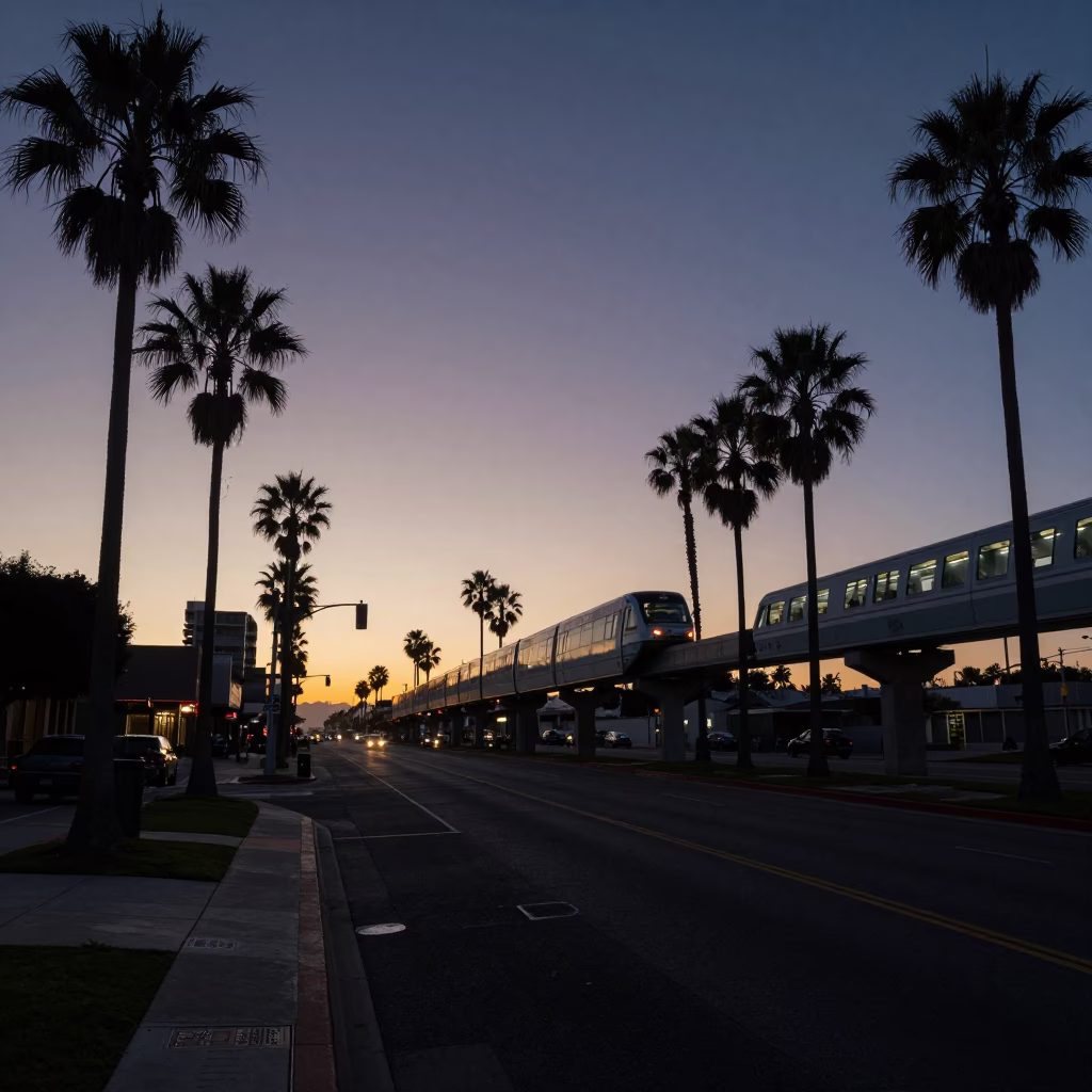 Pre-Dawn Los Angeles Street Scene with Monorail and Palm Trees in California in in Los Angeles, California, United States