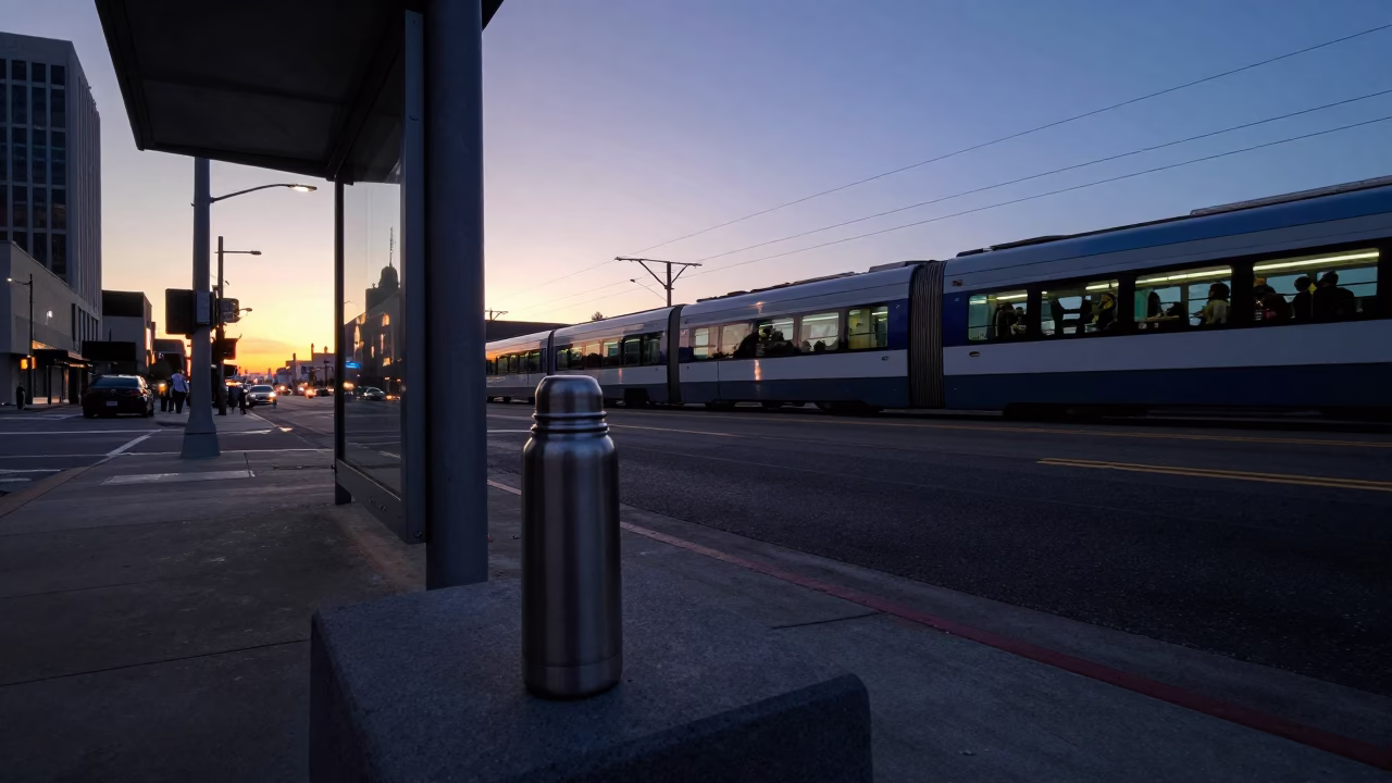 Pre-dawn Los Angeles street scene with thermos and monorail reflection in glass skyscraper in in Los Angeles, California, United States