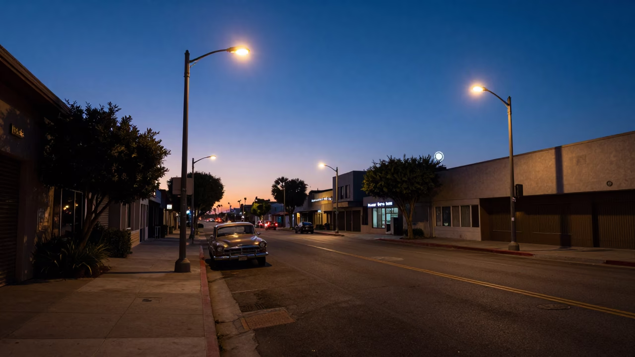 Pre-dawn Los Angeles Street Scene with Vintage Car and Streetlamp Glow in in Los Angeles, California, United States