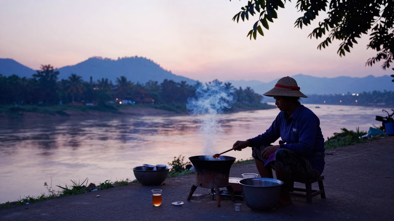 Pre-Dawn Luang Prabang Street Vendor Alchemy with Honey and Tea in in Luang Prabang, Laos