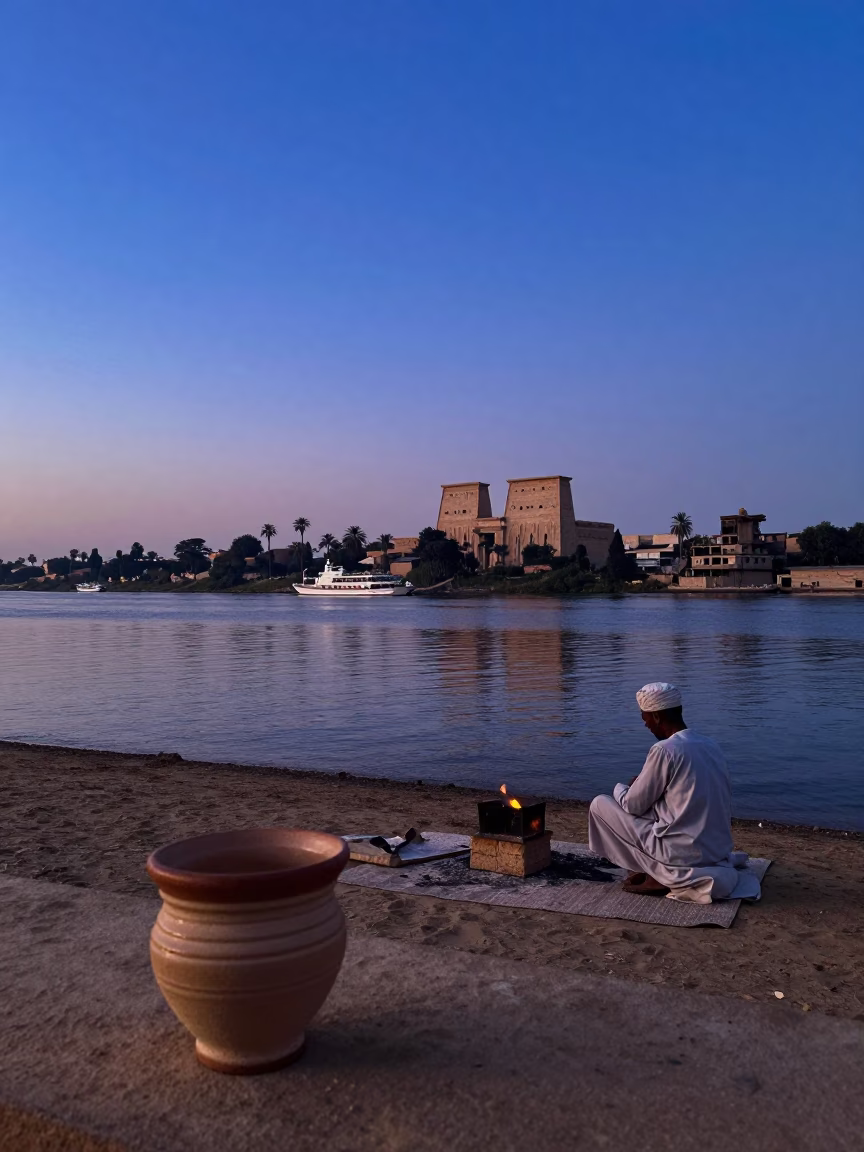 Pre-dawn Luxor Nile Banks with Ceramic Cup and Morning Mist in in Luxor, Egypt