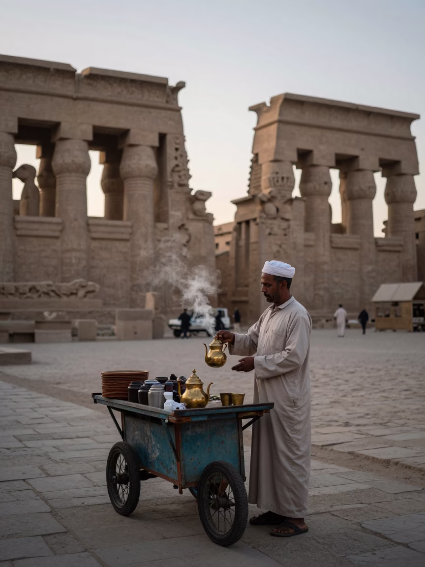 Pre-Dawn Luxor Street Scene with Local Vendor and Traditional Teapot in in Luxor, Egypt