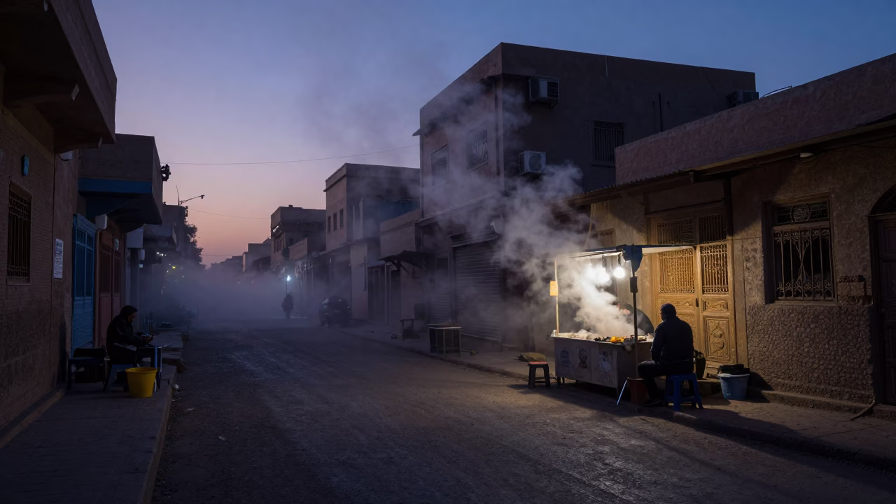 Pre-dawn Luxor Street Scene with Steam Haze and Local Market Activity in in Luxor, Egypt