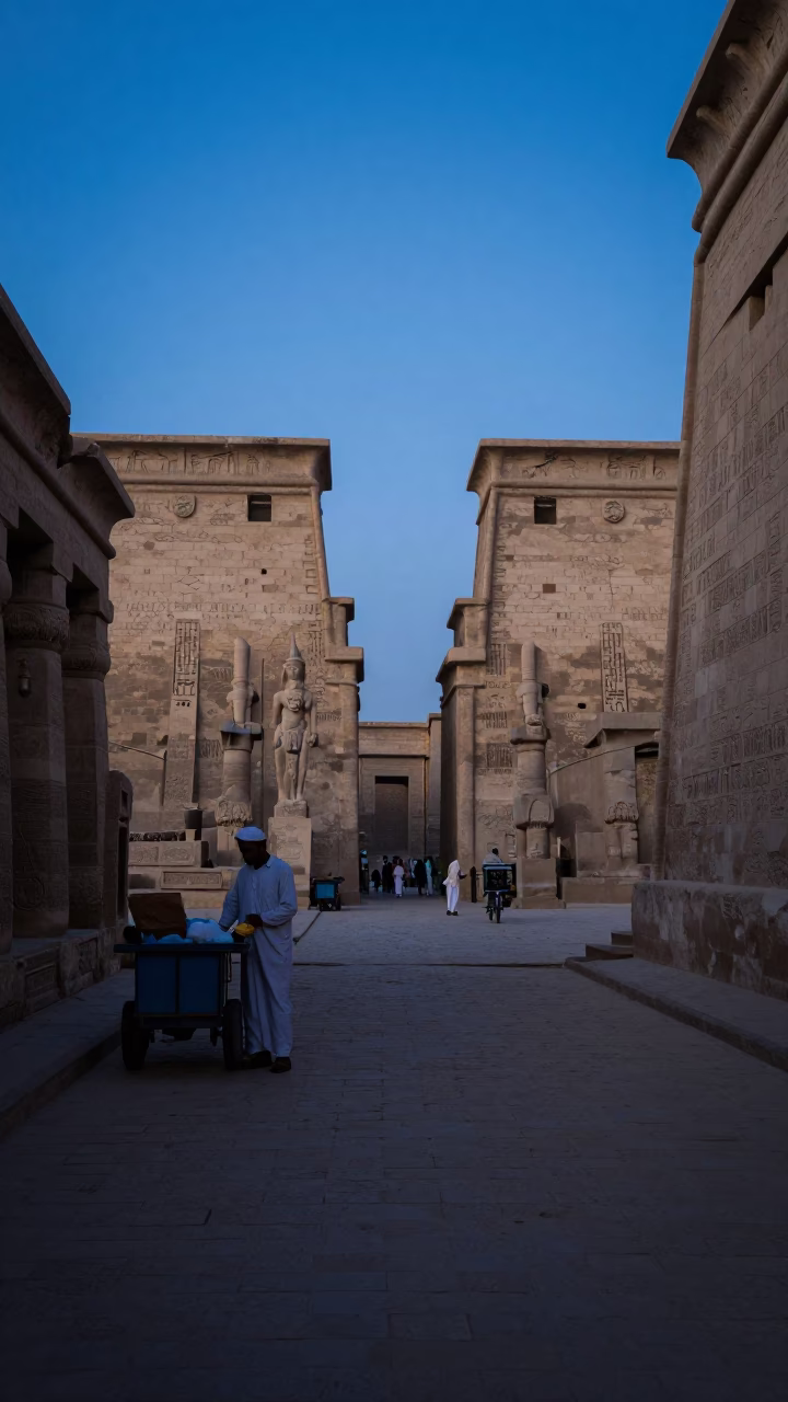 Pre-dawn Luxor street scene with stone architecture and early morning activity in in Luxor, Egypt