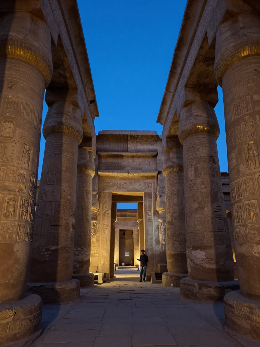 Pre-Dawn Luxor Temple Complex with Polished Brass and Ancient Stone Details in in Luxor, Egypt