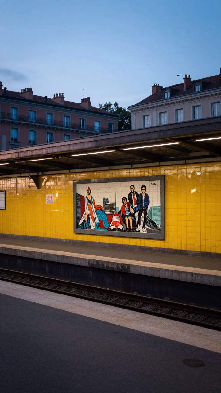 Pre-dawn Lyon Metro Station Platform with Art Murals and Empty Tracks in in Lyon, France