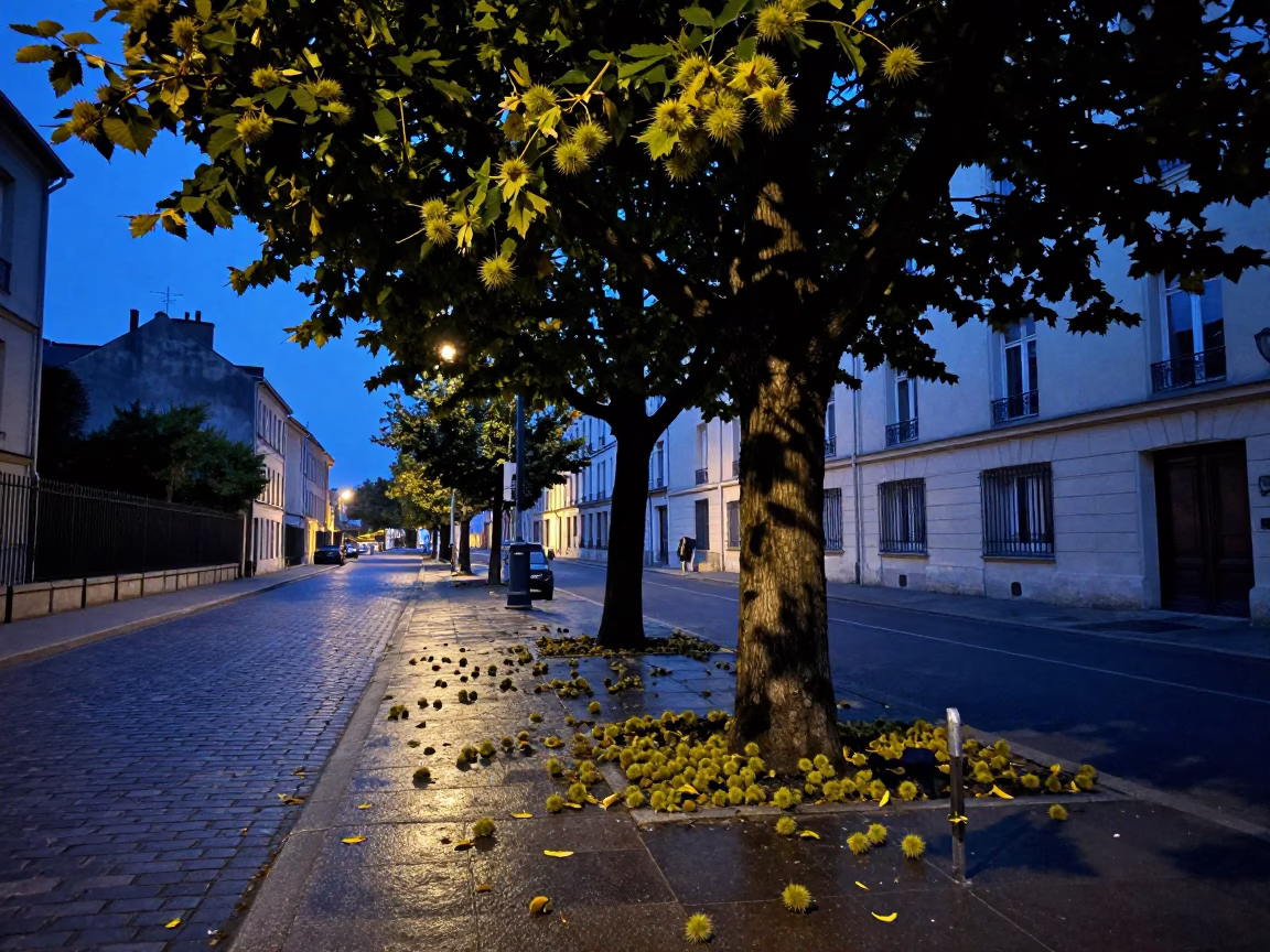 Pre-dawn Lyon street scene with chestnut tree husks and cobblestones in in Lyon, France