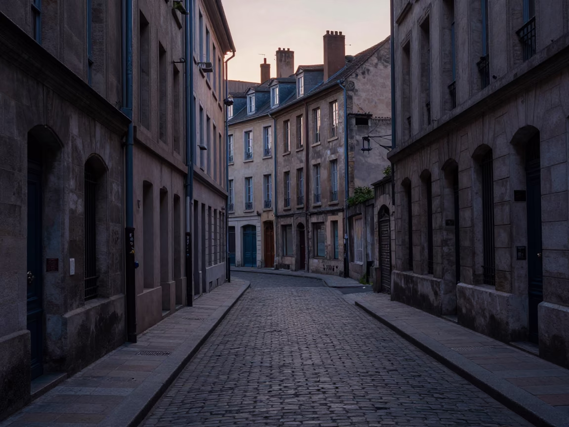 Pre-dawn Lyon street scene with cobblestones and traditional traboules in in Lyon, France
