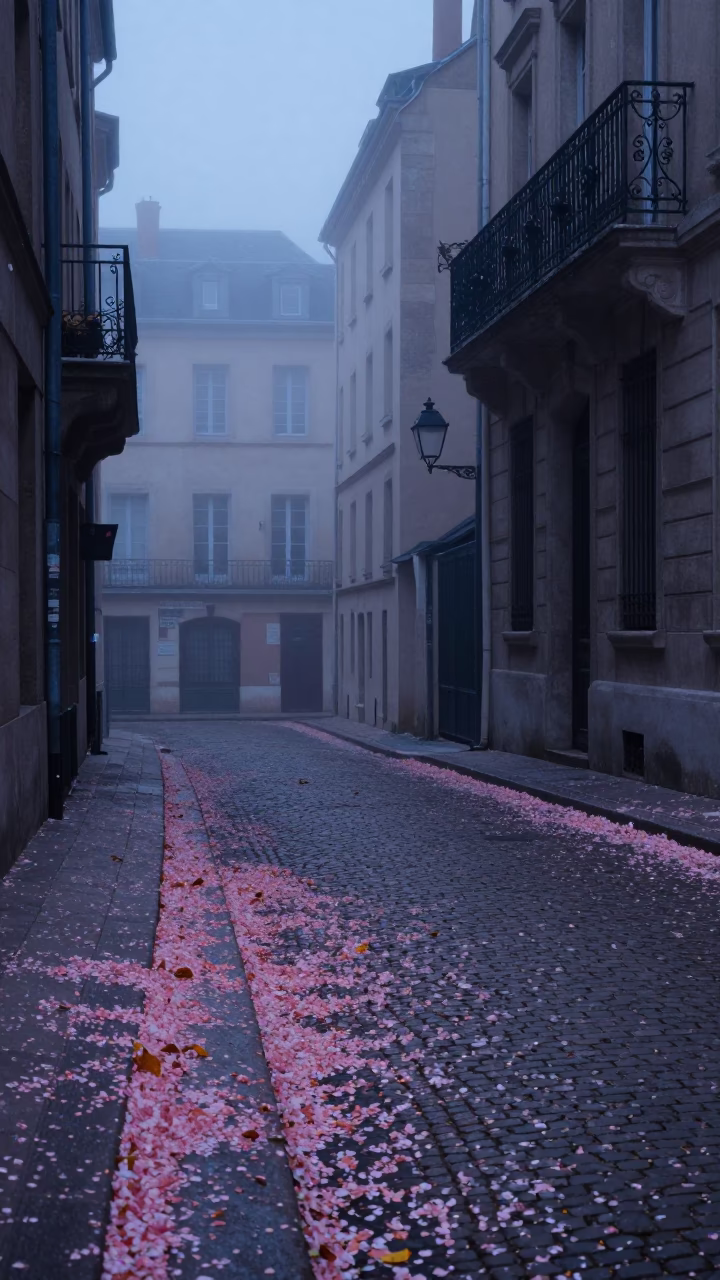 Pre-dawn Lyon street scene with fallen petals and misty canal reflections in in Lyon, France