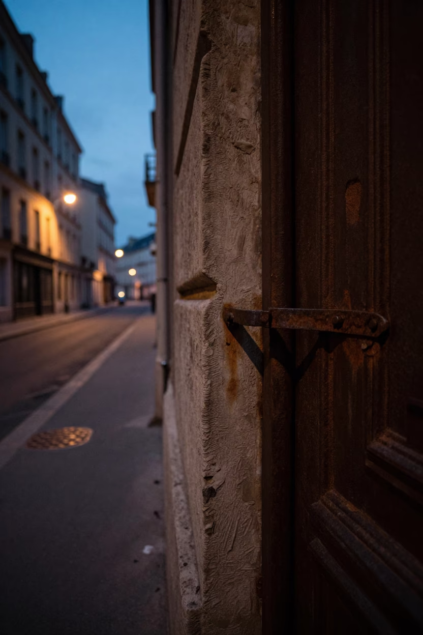 Pre-dawn Lyon street scene with iron deadbolt and night train crossing floodlit bridge in in Lyon, France