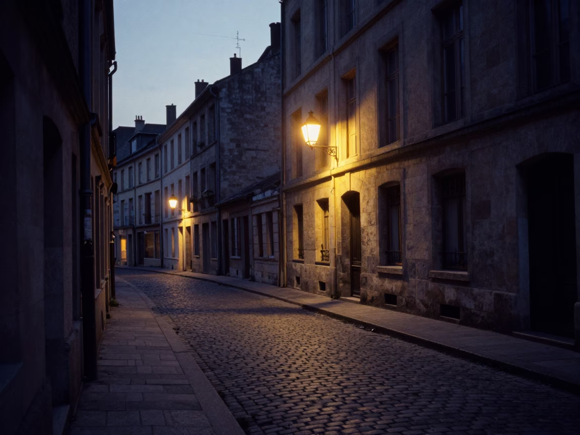 Pre-dawn Lyon Street Scene with Lantern Light and Early Morning Activity in in Lyon, France
