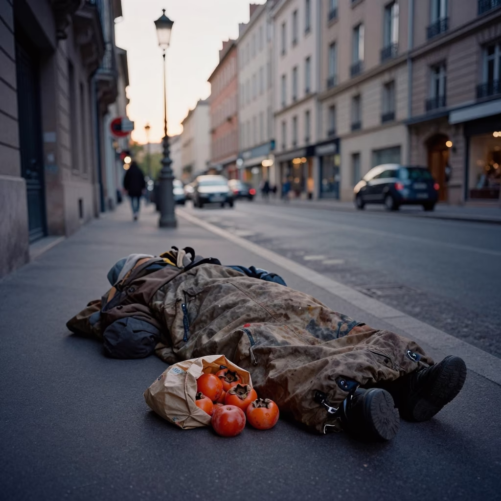 Pre-Dawn Lyon Street Scene with Sleeping Bag and Persimmons on Cobblestones in in Lyon, France