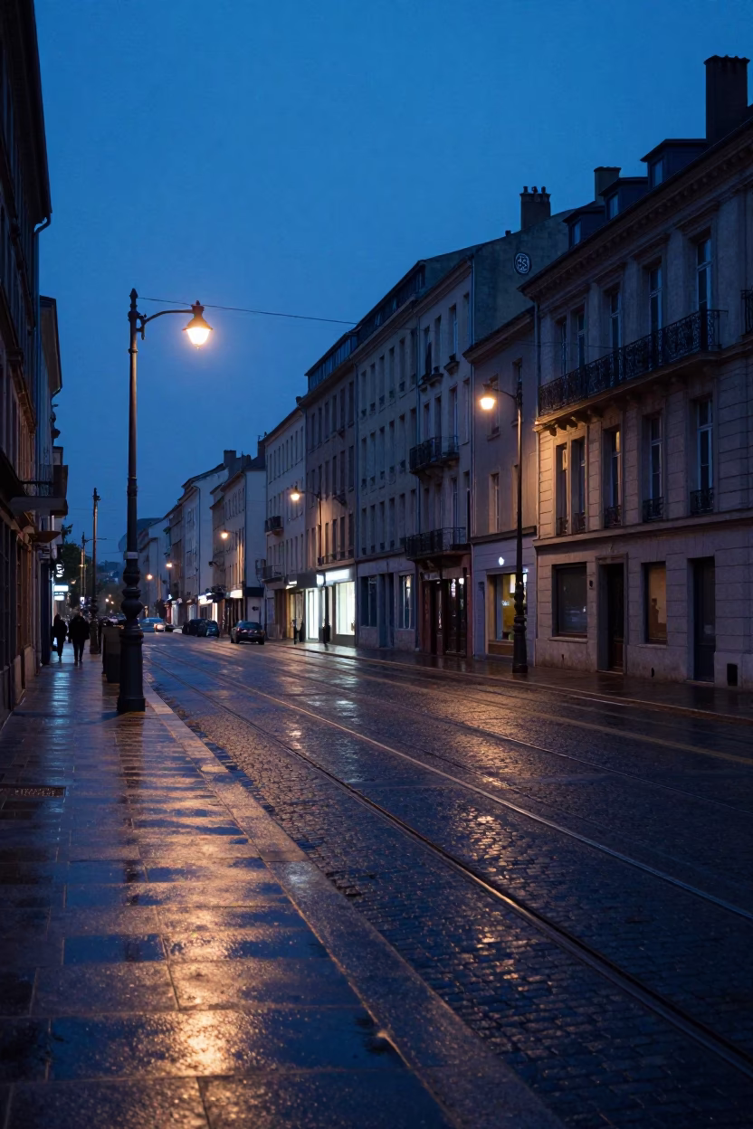Pre-dawn Lyon street scene with tram tracks and wet pavement reflections in in Lyon, France