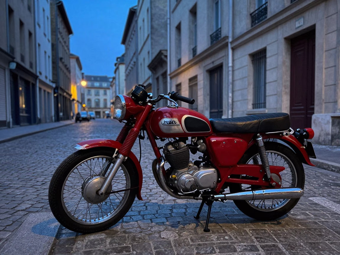 Pre-dawn Lyon Street Scene with Vintage Motorcycle and Red Beacon Light in in Lyon, France