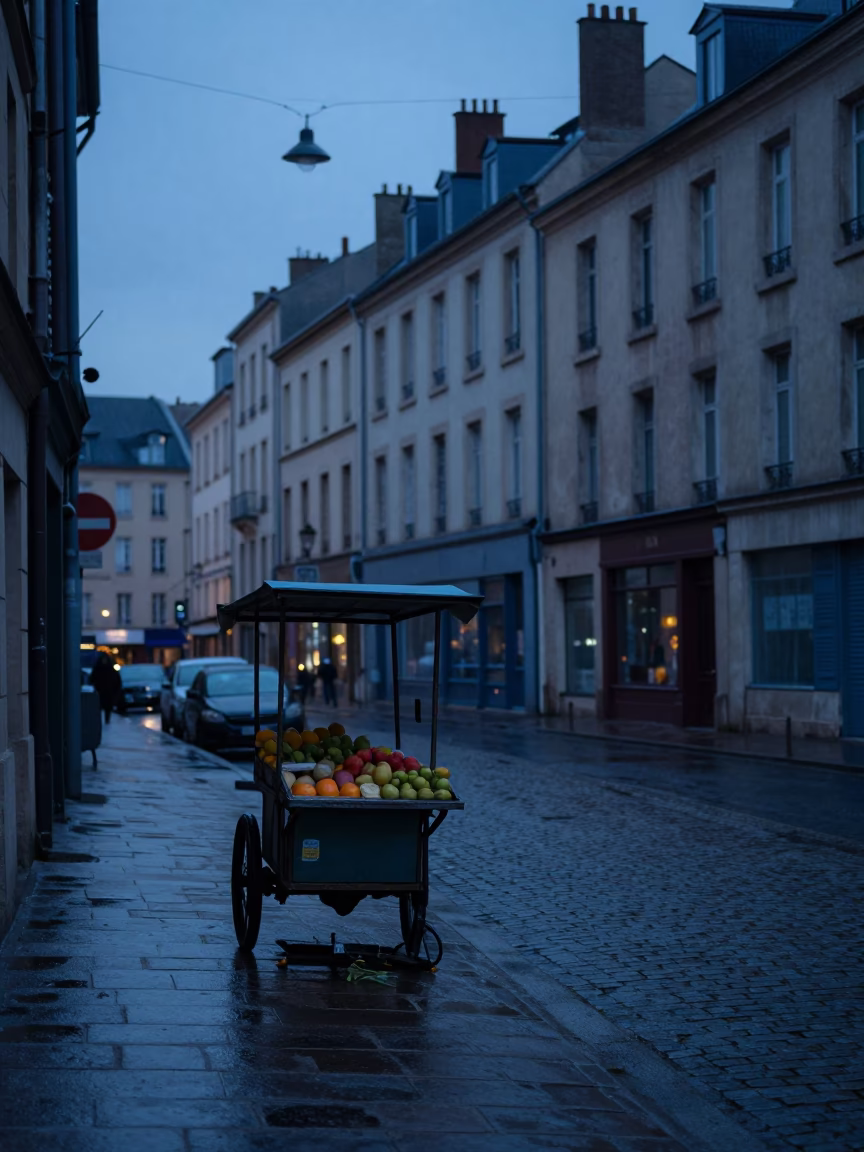 Pre-dawn Lyon street scene with wet cobblestones and a vendor's cherries in in Lyon, France