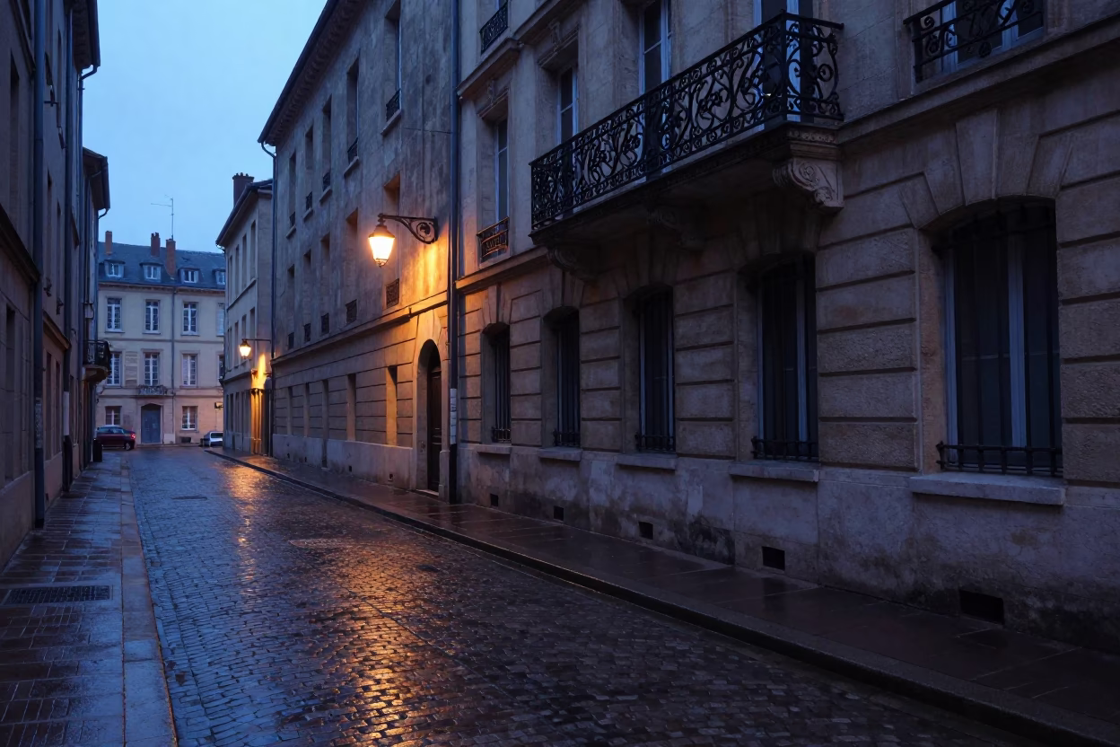 Pre-dawn Lyon street scene with wet cobblestones and brick architecture in in Lyon, France