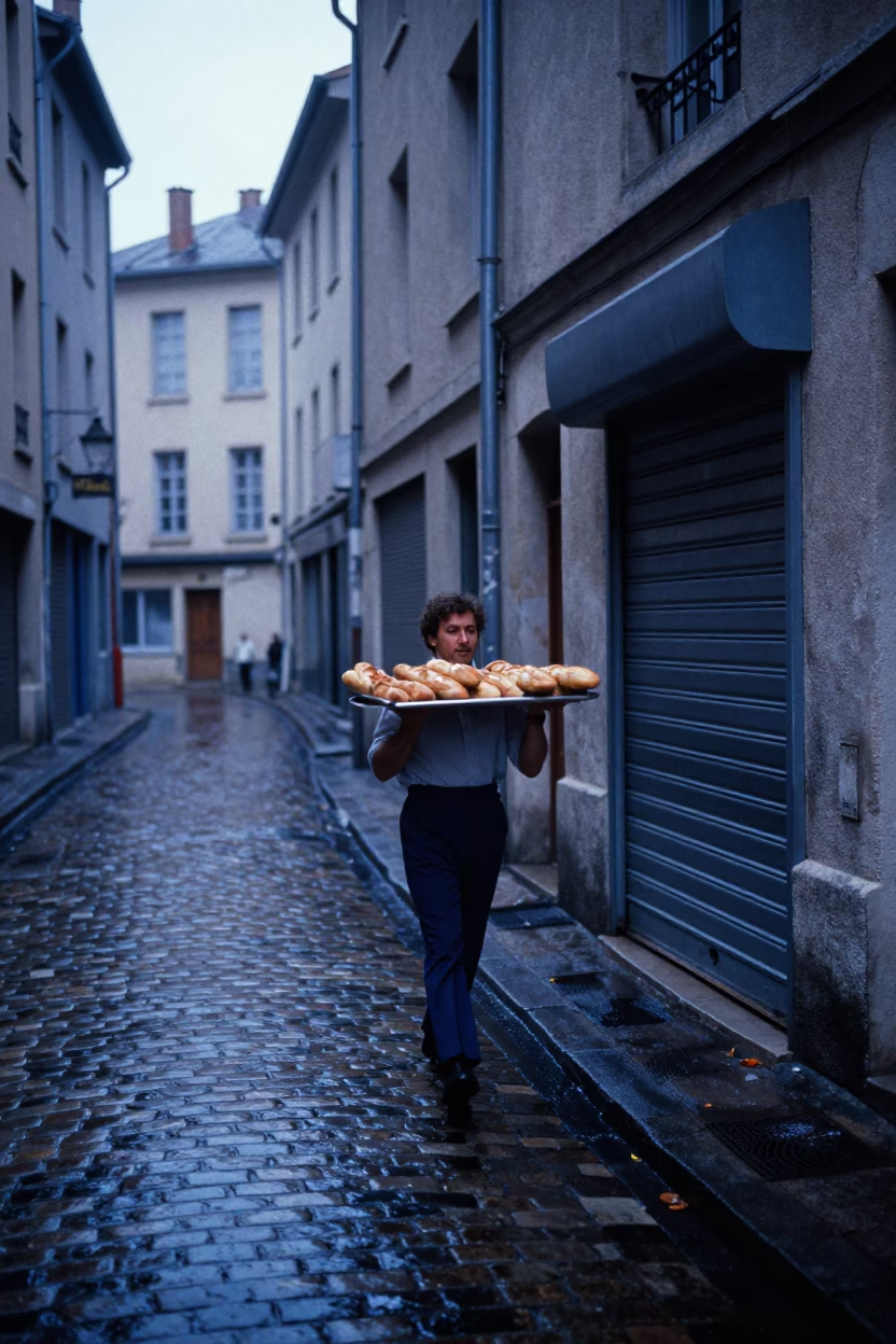 Pre-dawn Lyon street scene with wet cobblestones and early morning commerce in in Lyon, France