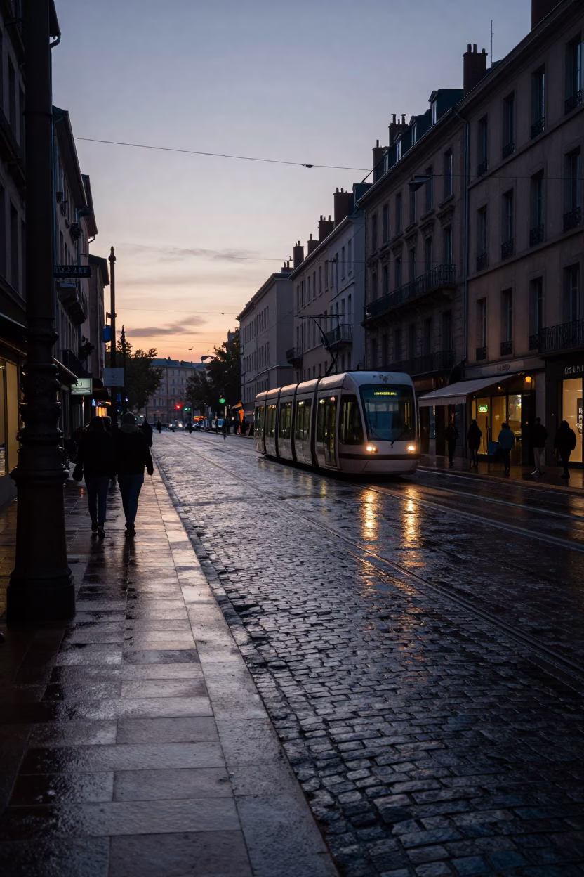 Pre-dawn Lyon street scene with wet cobblestones and tram tracks in in Lyon, France