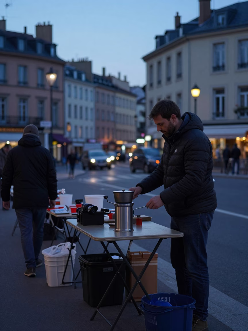 Pre-dawn Lyon street vendor setup with folding tables and coffee grinder in in Lyon, France