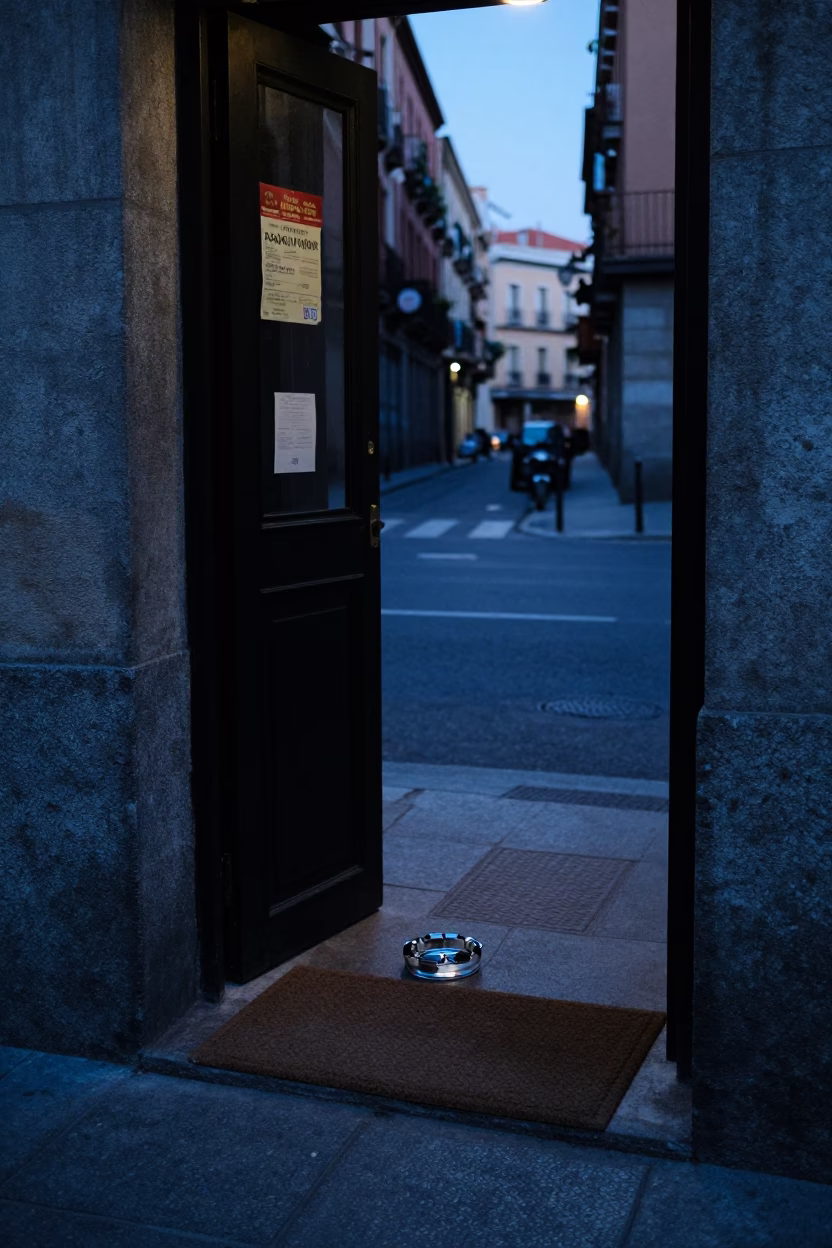 Pre-dawn Madrid street scene with ashtray and doormat in early morning light in in Madrid, Spain