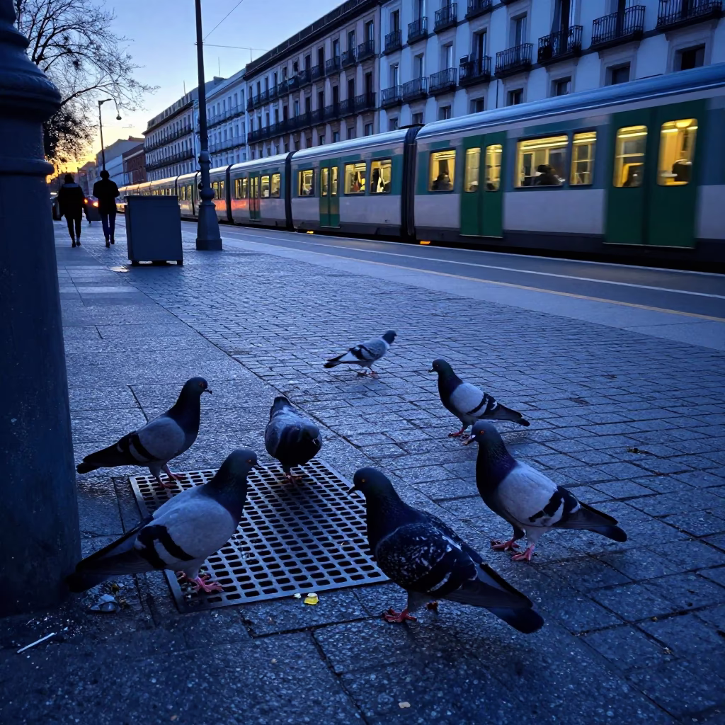 Pre-Dawn Madrid Street Scene with Pigeons and Metro Train Arrival in in Madrid, Spain