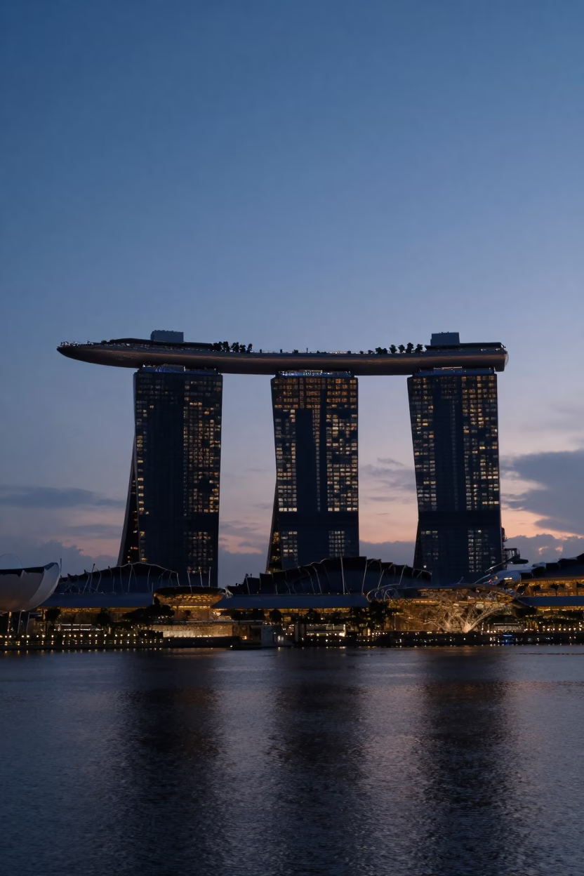 Pre-dawn Marina Bay Sands skyline and waterfront promenade in Singapore in in Singapore, Singapore