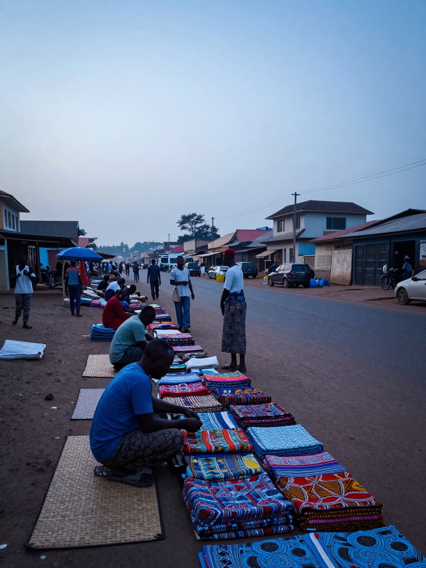 Pre-Dawn Market Activity in Accra Ghana with Woven Mats and Morning Light in in Accra, Ghana