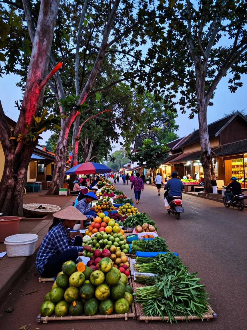 Pre-Dawn Market Activity in Luang Prabang Laos with Multicolored Bark Trees in in Luang Prabang, Laos
