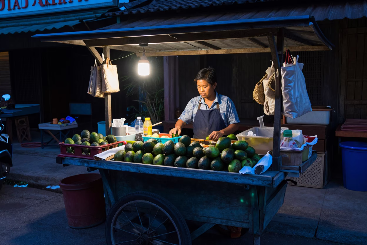 Pre-Dawn Market Stall in Chiang Mai Thailand with Fresh Avocados and Kitchen Towels in in Chiang Mai, Thailand