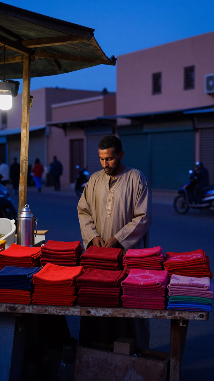 Pre-dawn Market Stall in Marrakech Morocco with Tea Towels and Thermos in in Marrakech, Morocco
