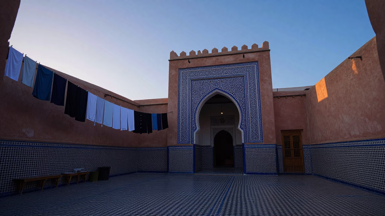 Pre-dawn Marrakech courtyard with hanging laundry and early morning light in in Marrakech, Morocco