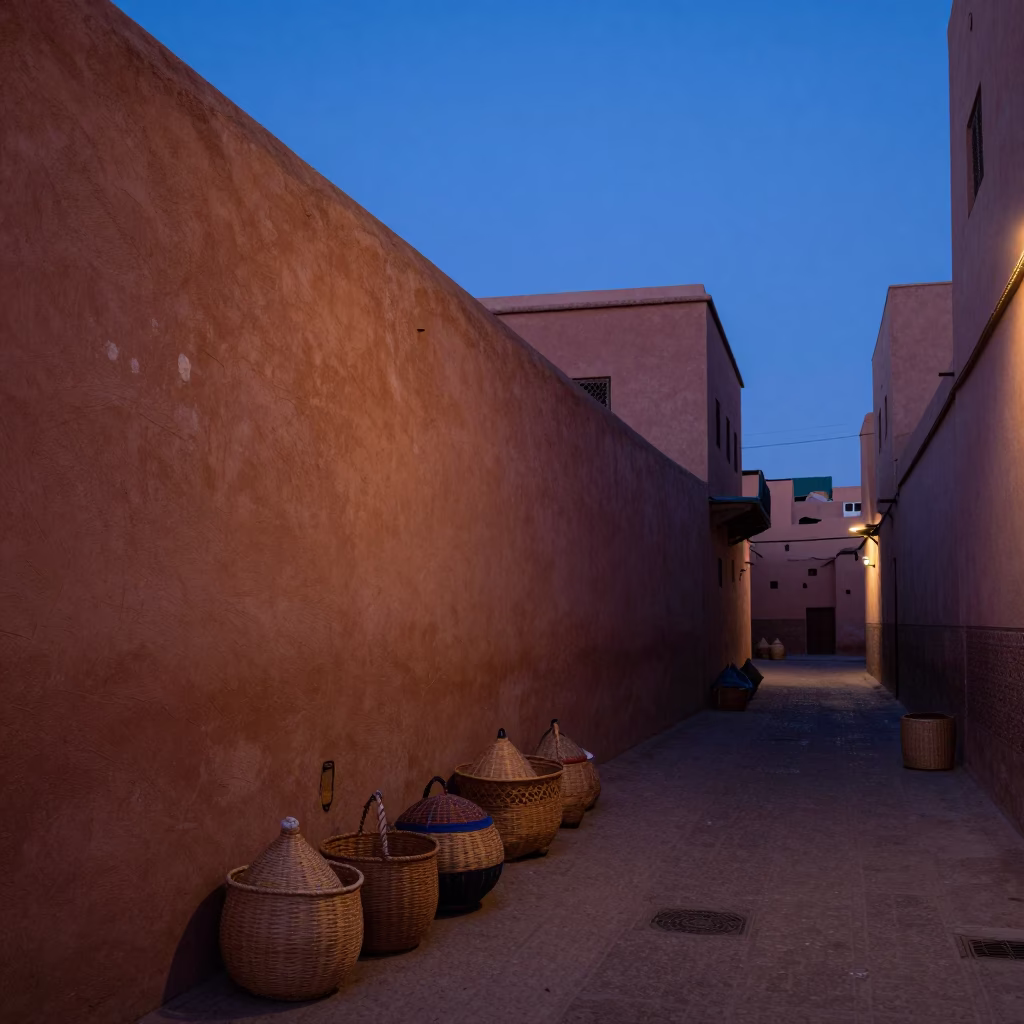 Pre-dawn Marrakech Medina Alley with Woven Baskets and Morning Light in in Marrakech, Morocco