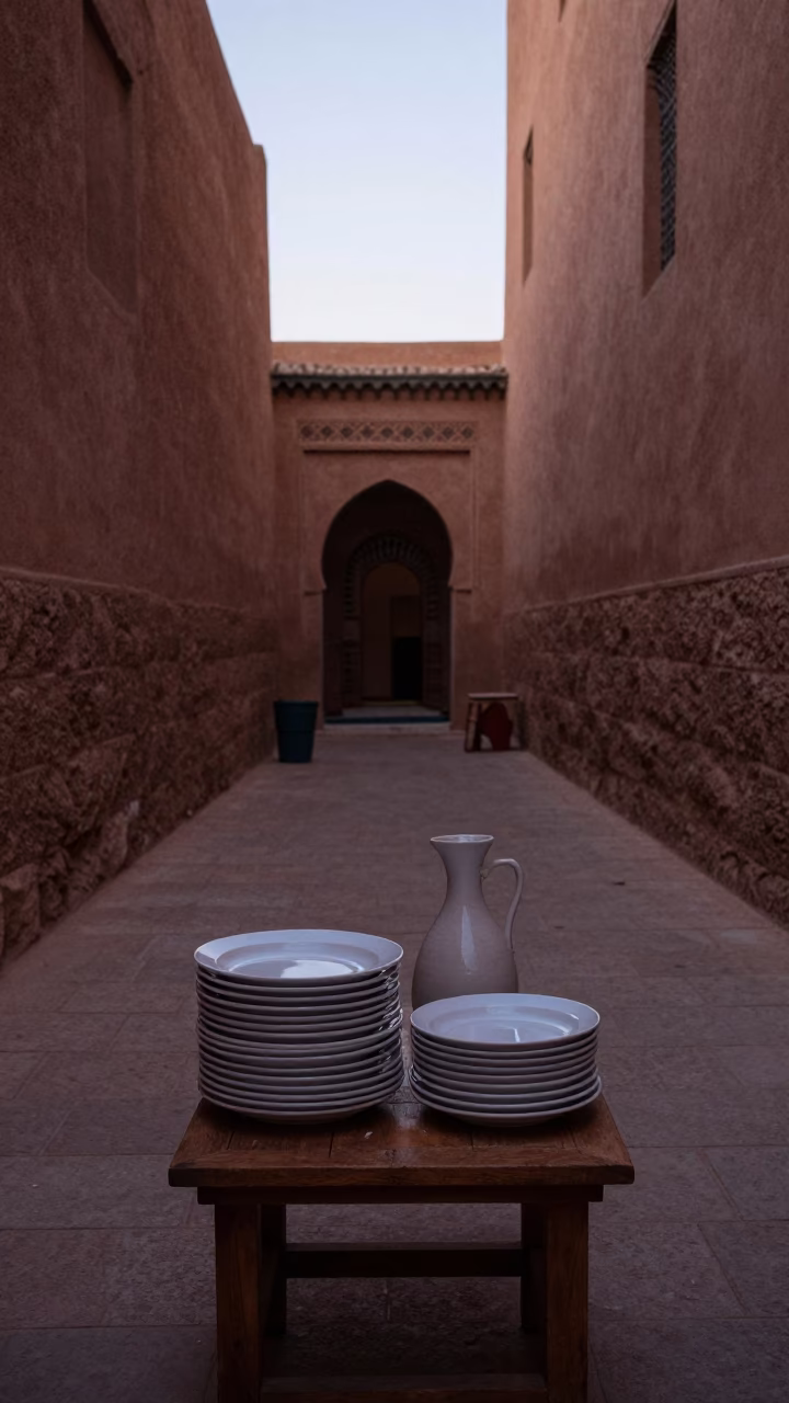 Pre-Dawn Marrakech Medina Courtyard with Stacked Plates and Carafe Before Sunrise in in Marrakech, Morocco