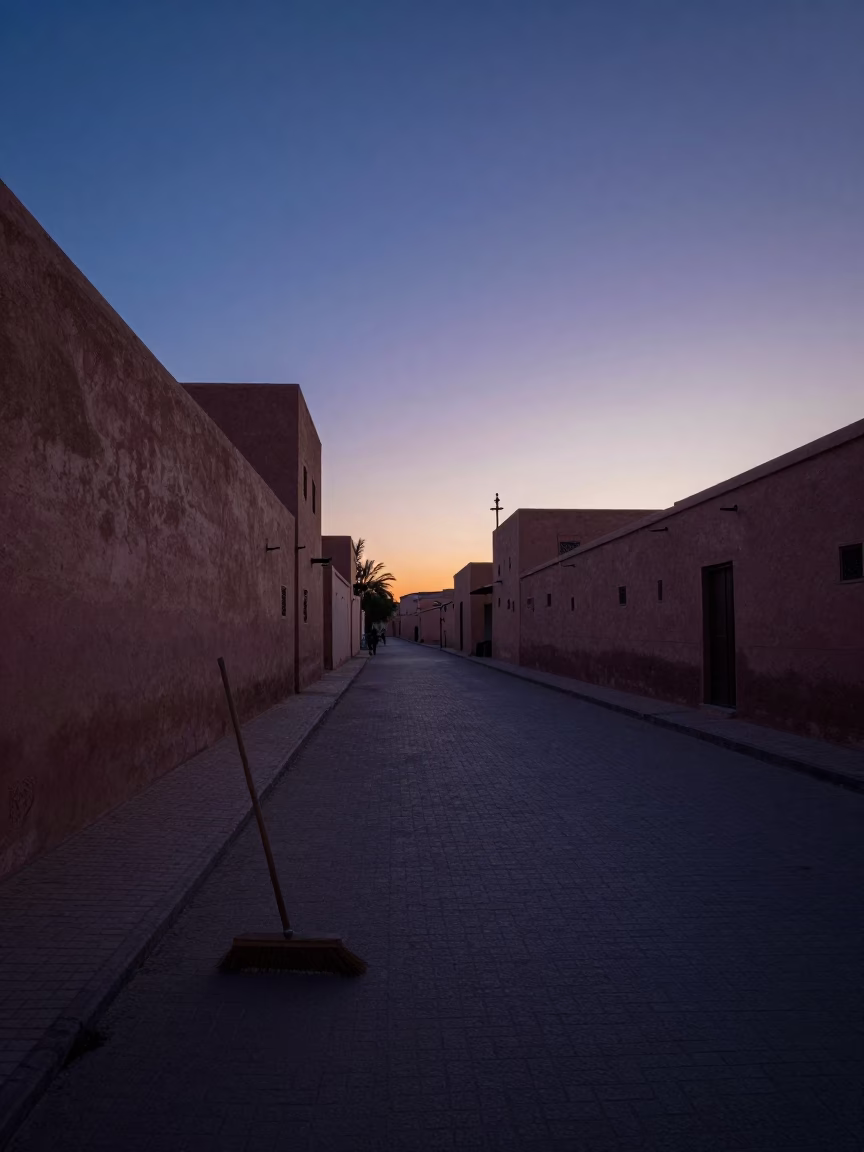 Pre-dawn Marrakech Morocco Street Scene with Hand Broom and Empty Alleyway in in Marrakech, Morocco