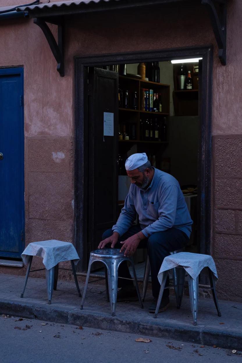 Pre-dawn Marrakech Morocco street scene with metal stools and linen fringe in in Marrakech, Morocco