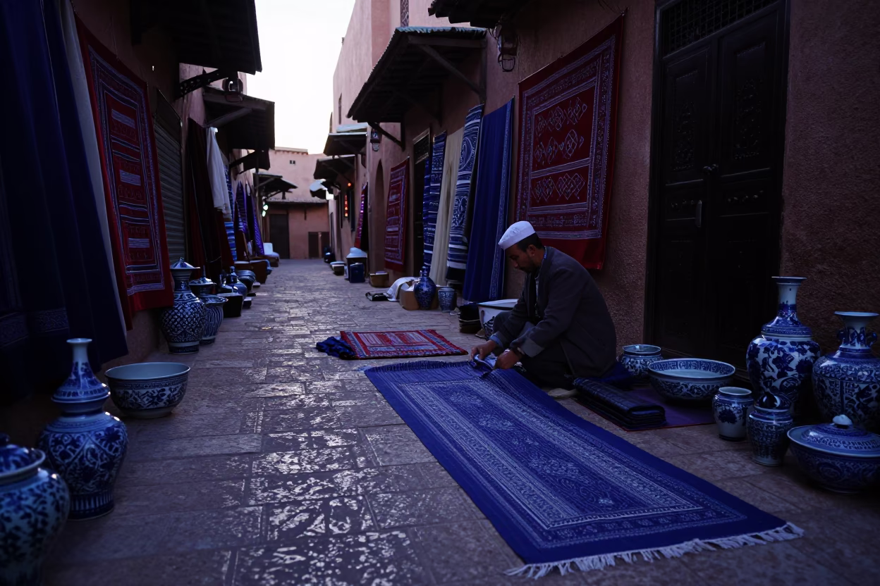 Pre-dawn Marrakech Souk Preparation with Blue Porcelain and Textile Tools in in Marrakech, Morocco