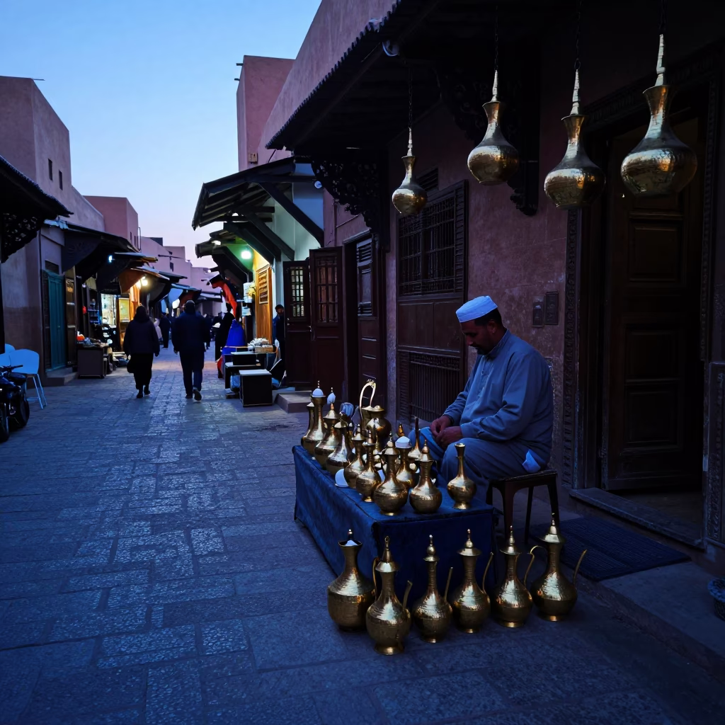 Pre-dawn Marrakech Souk Street Scene with Brass Kettles and Wooden Utensils in in Marrakech, Morocco