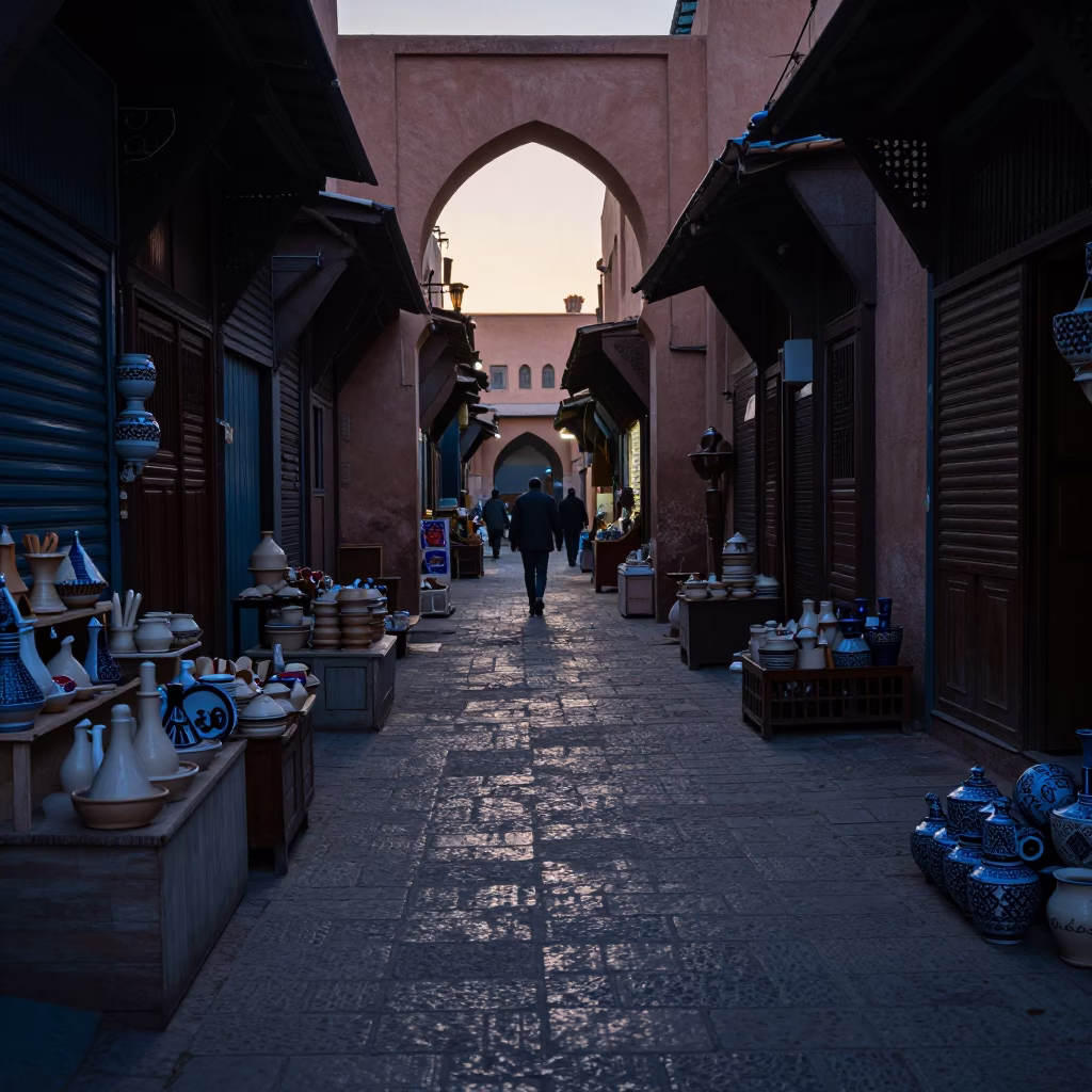 Pre-dawn Marrakech Souk Street Scene with Ceramic Utensil Crocks and Morning Light in in Marrakech, Morocco