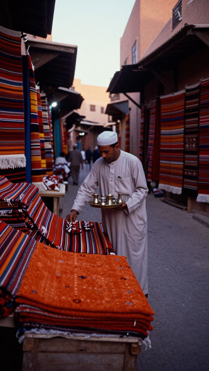 Pre-dawn Marrakech Souk Street with Colorful Textiles and Traditional Tea Service in in Marrakech, Morocco